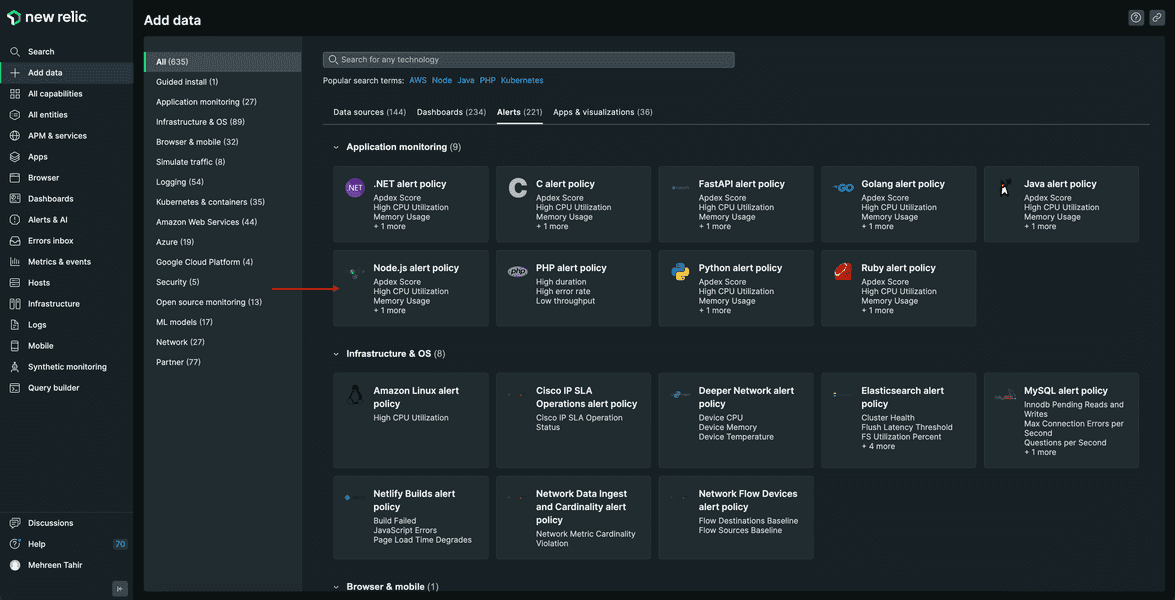 arrow pointing to node js alert policy